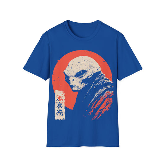 Alien Red Sun Portrait t-shirt design, featuring a pale side profile alien figure in a distressed woodblock style illustration with Japanese inspired seal details against a muted red sun on a blue background