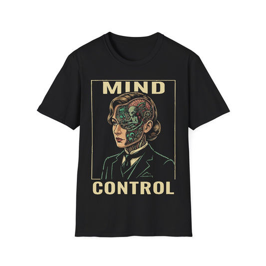 Mind Control t-shirt design, featuring a sharply dressed woman with her head opened to reveal a tiny grey alien operating a control console inside in a retro sci-fi illustration on a black background