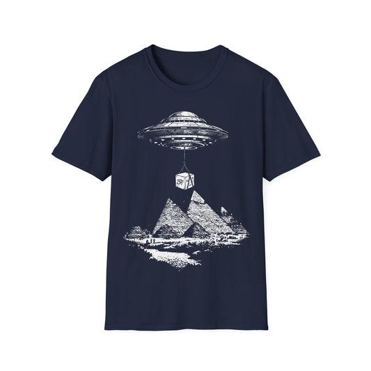 UFO Carrying Lime Block t-shirt design, featuring a flying saucer using ropes to lift a massive stone block above the pyramids of Giza in a detailed vintage illustration on a navy blue background