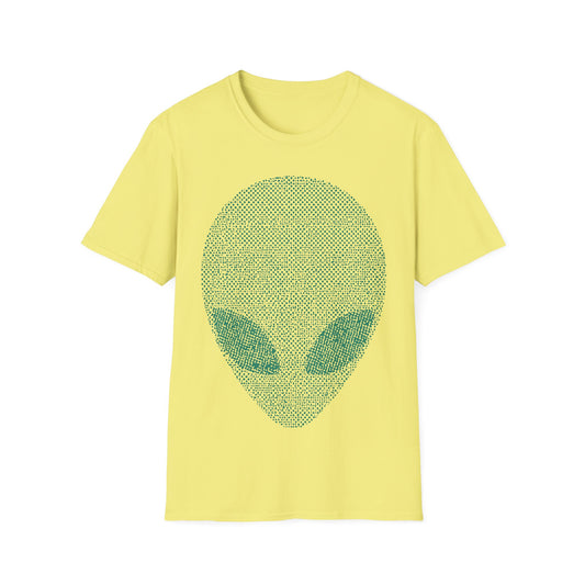 Halftone Alien t-shirt design, featuring a large teal alien face formed from dense halftone dots with oversized almond-shaped eyes on a cornsilk yellow background
