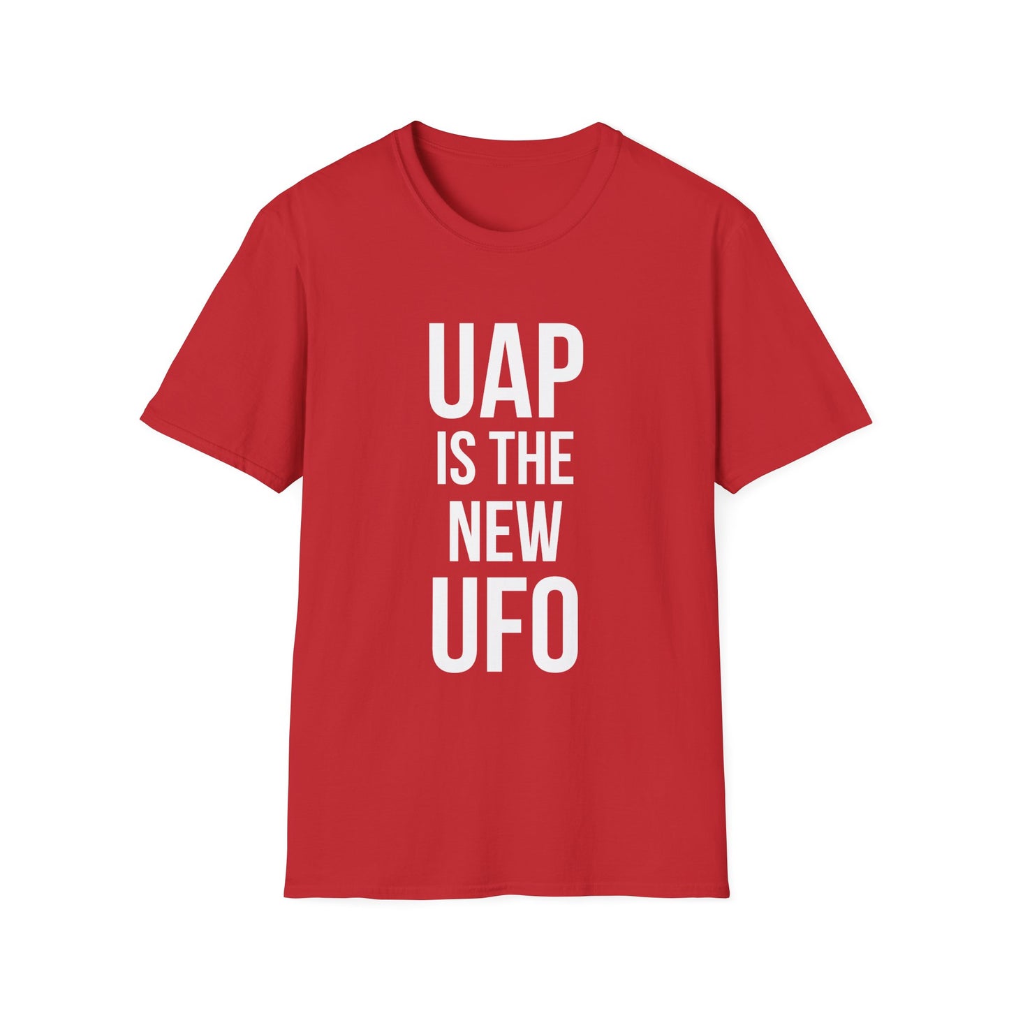 UAP Is the New UFO t-shirt design, featuring bold stacked typography reading “UAP IS THE NEW UFO” in a clean minimalist text based layout on a red background