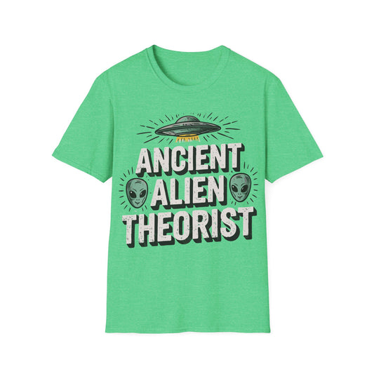 Ancient Alien Theorist t-shirt design, featuring bold distressed white lettering with two green alien heads and a hovering UFO casting a yellow beam on a heather irish green background
