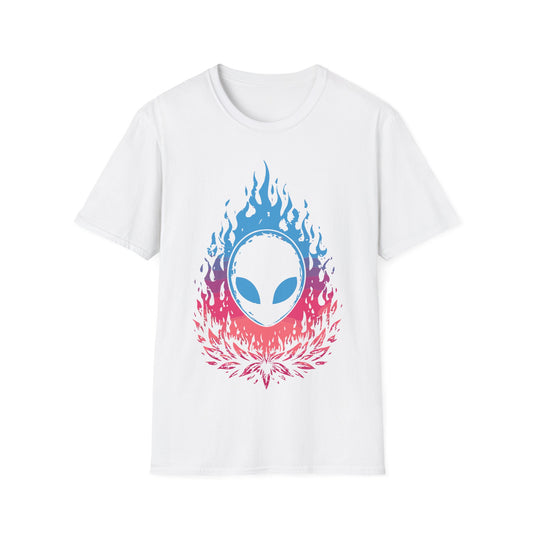 Alien Flame Flower t-shirt design, featuring a black alien face with glowing blue eyes rising from blue to pink flames above a stylized pink floral burst on a white background