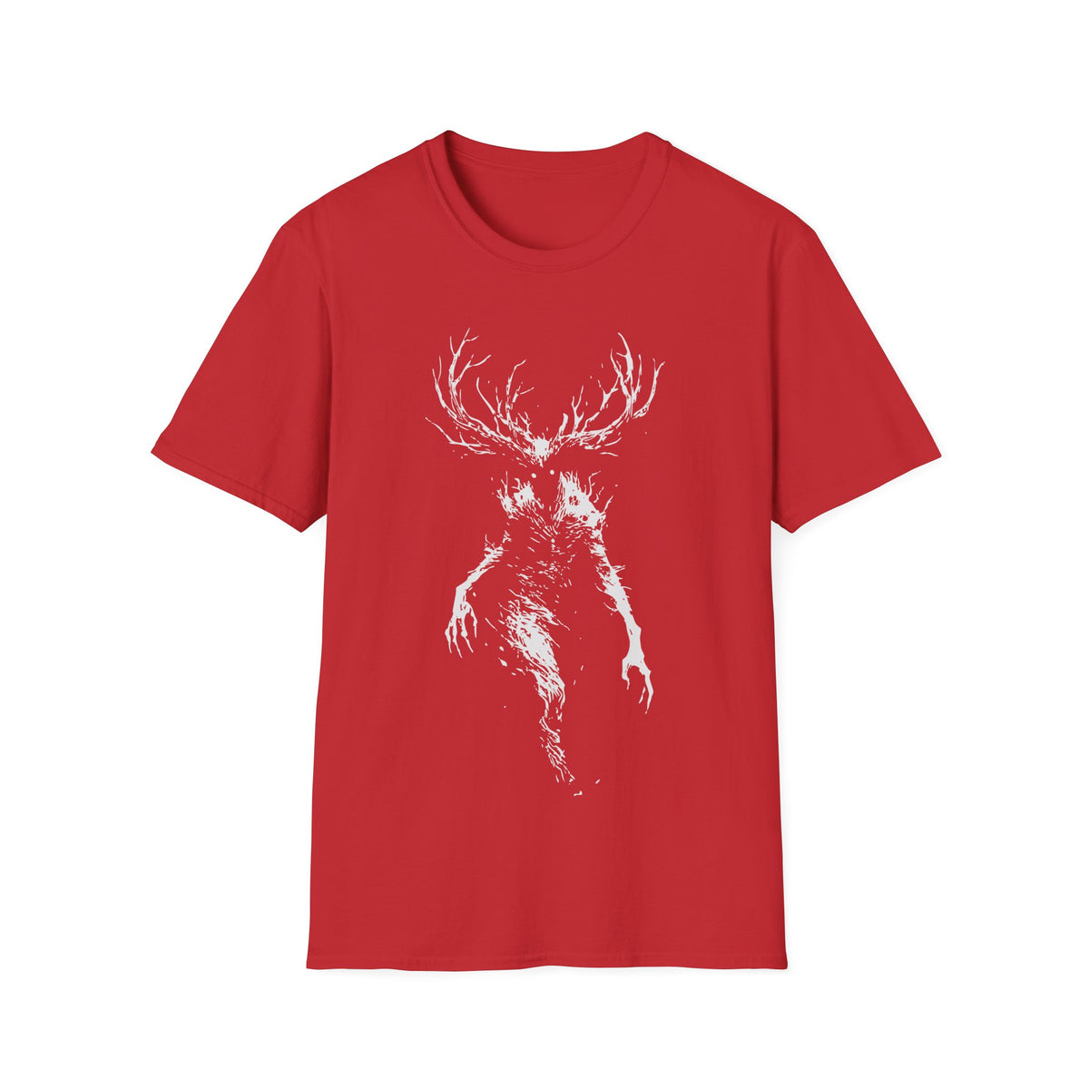 Wendigo Scary t-shirt design, featuring a towering antlered Wendigo with glowing eyes, skeletal limbs, and a shadowy distorted body in a stark distressed white silhouette on a red background