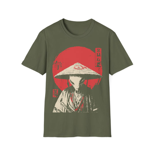 Alien Samurai - Wabi Sabi t-shirt design, showing a stoic alien in a traditional robe and wide straw hat with a sword at its side, rendered in a vintage Japanese poster style with cream and red tones against a rising sun on a military green background