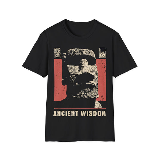 Ancient Wisdom t-shirt design, featuring a weathered Moai stone head in a distressed vintage poster style with Japanese inspired text elements with a 'Ancient Wisdom' text on a black background