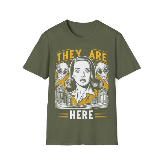 They Are Here Retro t-shirt design, featuring a hypnotized woman with spiral eyes between two grey aliens above a suburban neighborhood in a bold yellow, white, and black vintage comic book style on a military green background