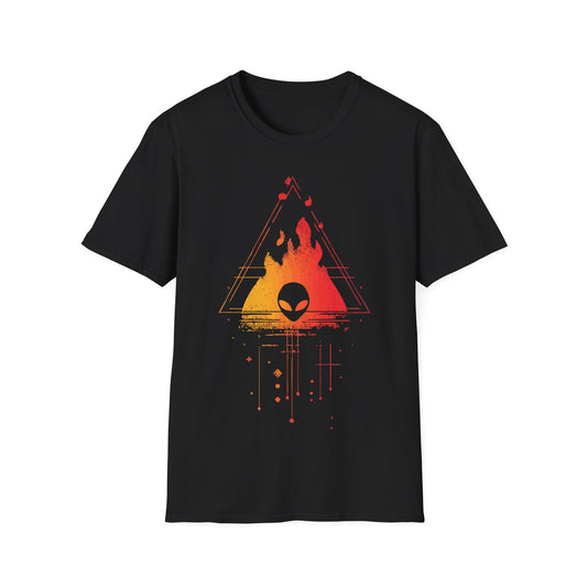 Alien Burning Triangle t-shirt design, featuring an alien head set against fiery yellow-to-red flames inside a geometric triangle with retro sci-fi linework on a black background
