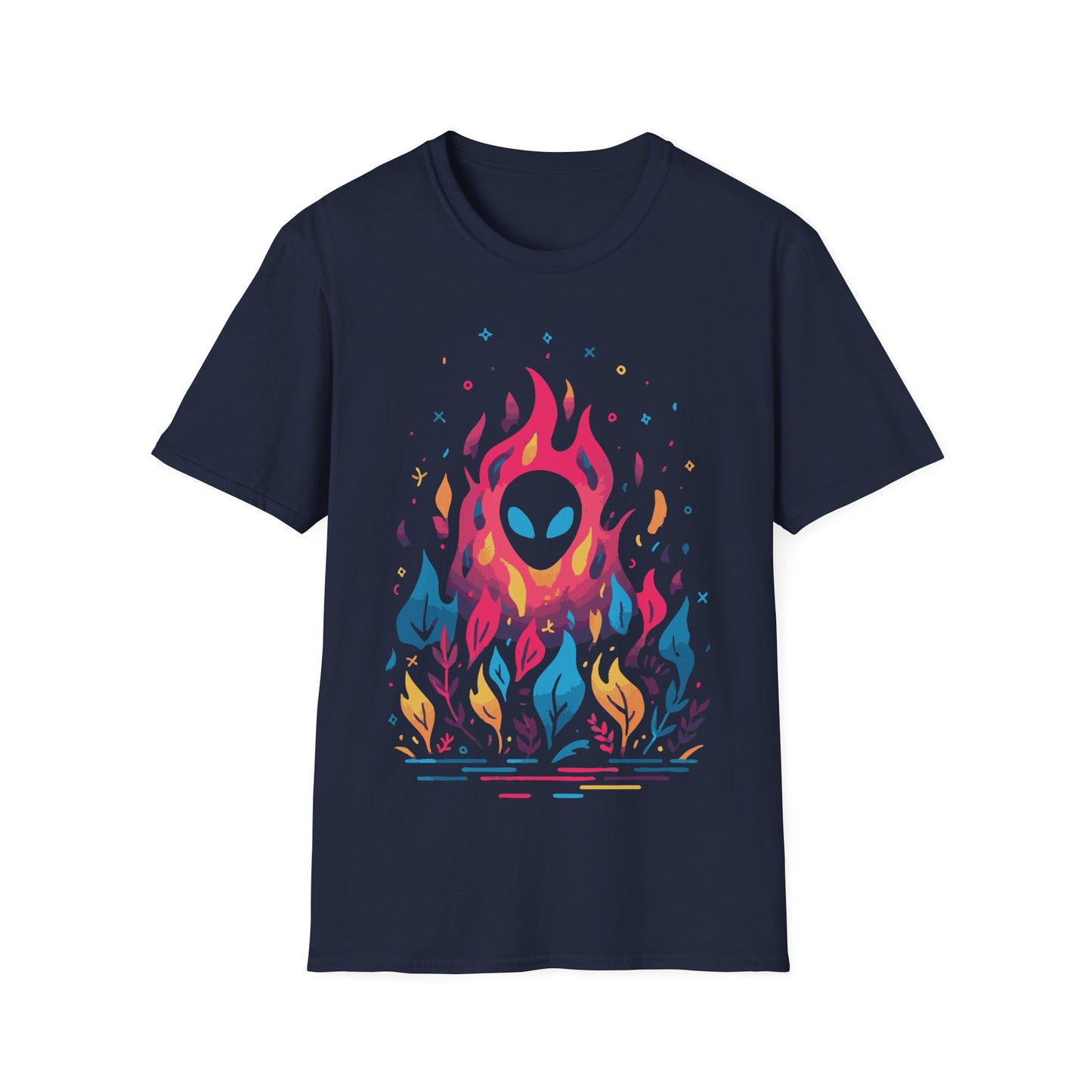 Neon Alien Fire and Botanicals t-shirt design, featuring an alien face with glowing blue eyes emerging from vivid pink flames surrounded by colorful blue, yellow, and purple botanical elements on a navy blue background