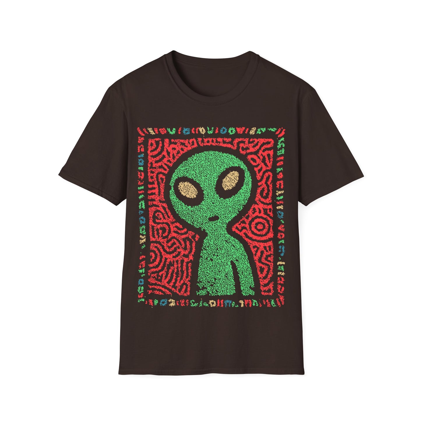 Cute alien folk art design with green alien figure on red tribal patterned background and colorful glyph border on brown t-shirt
