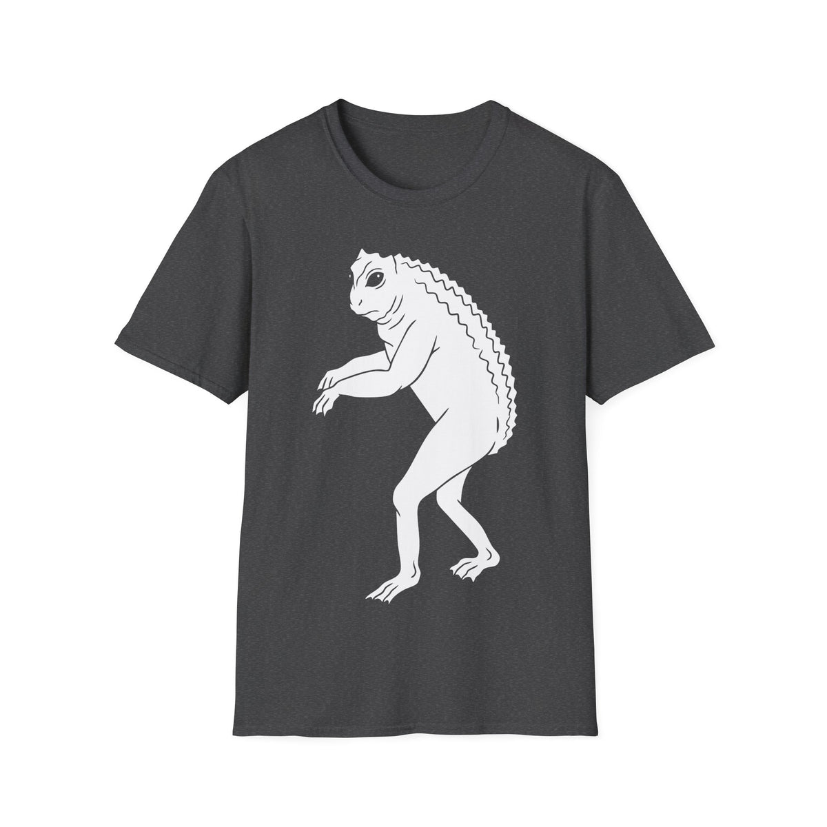 Loveland Frogman t-shirt design, featuring a white humanoid frog creature with large eyes, long limbs, clawed hands and feet, and a ridged back on a dark heather grey background