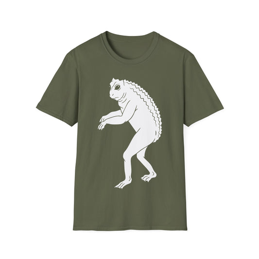 Loveland Frogman t-shirt design, featuring a white humanoid frog creature with large eyes, long limbs, clawed hands and feet, and a ridged back on a black background