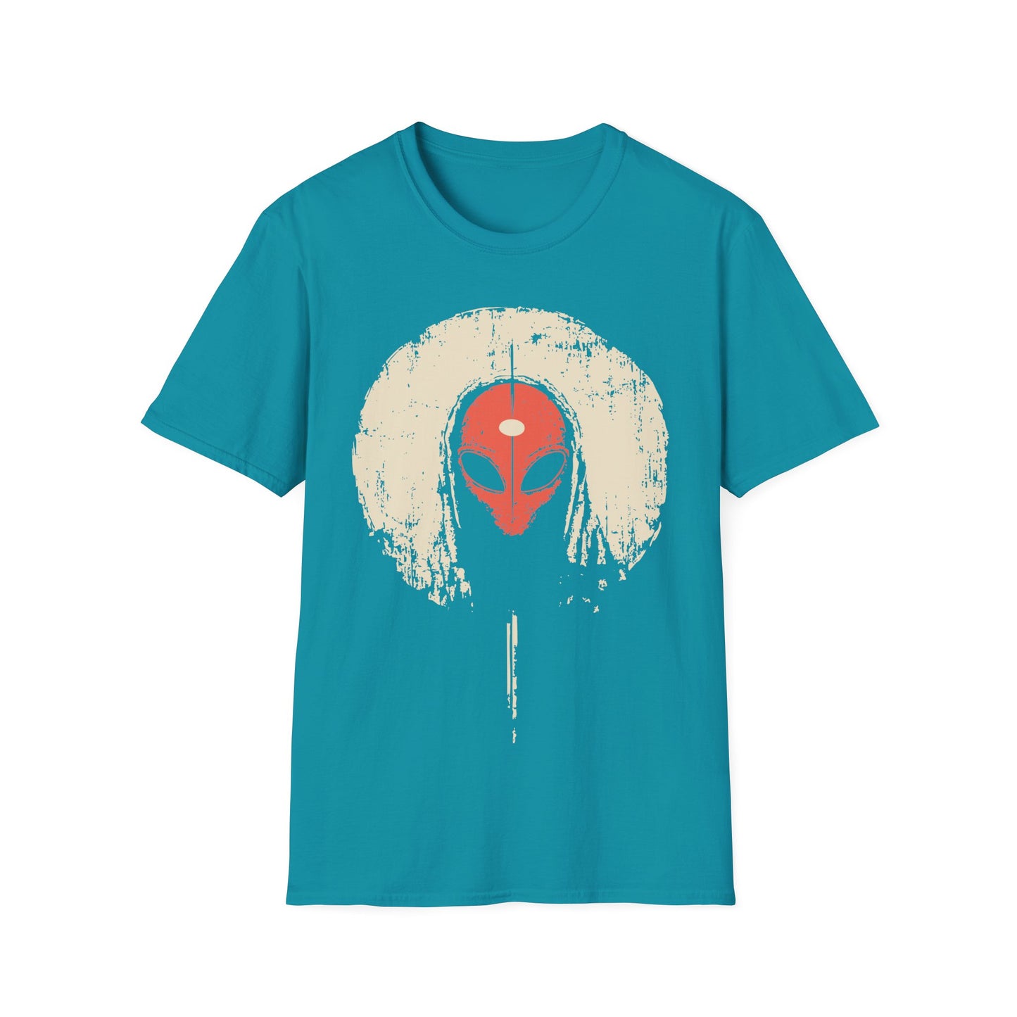 Alien Third Eye Moon t-shirt design, featuring a red alien face with a centered third eye mark framed by a distressed cream moon in a minimalist occult inspired illustration on a tropical blue background