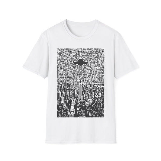 UFO over New York t-shirt design with flying saucer hovering above New York City skyline and abstract maze-pattern night sky on white t-shirt