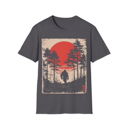 Bigfoot Wabi Sabi t-shirt design, featuring a solitary Bigfoot silhouette walking through a pine forest beneath a distressed red sun with Japanese-inspired seal details on a charcoal grey background