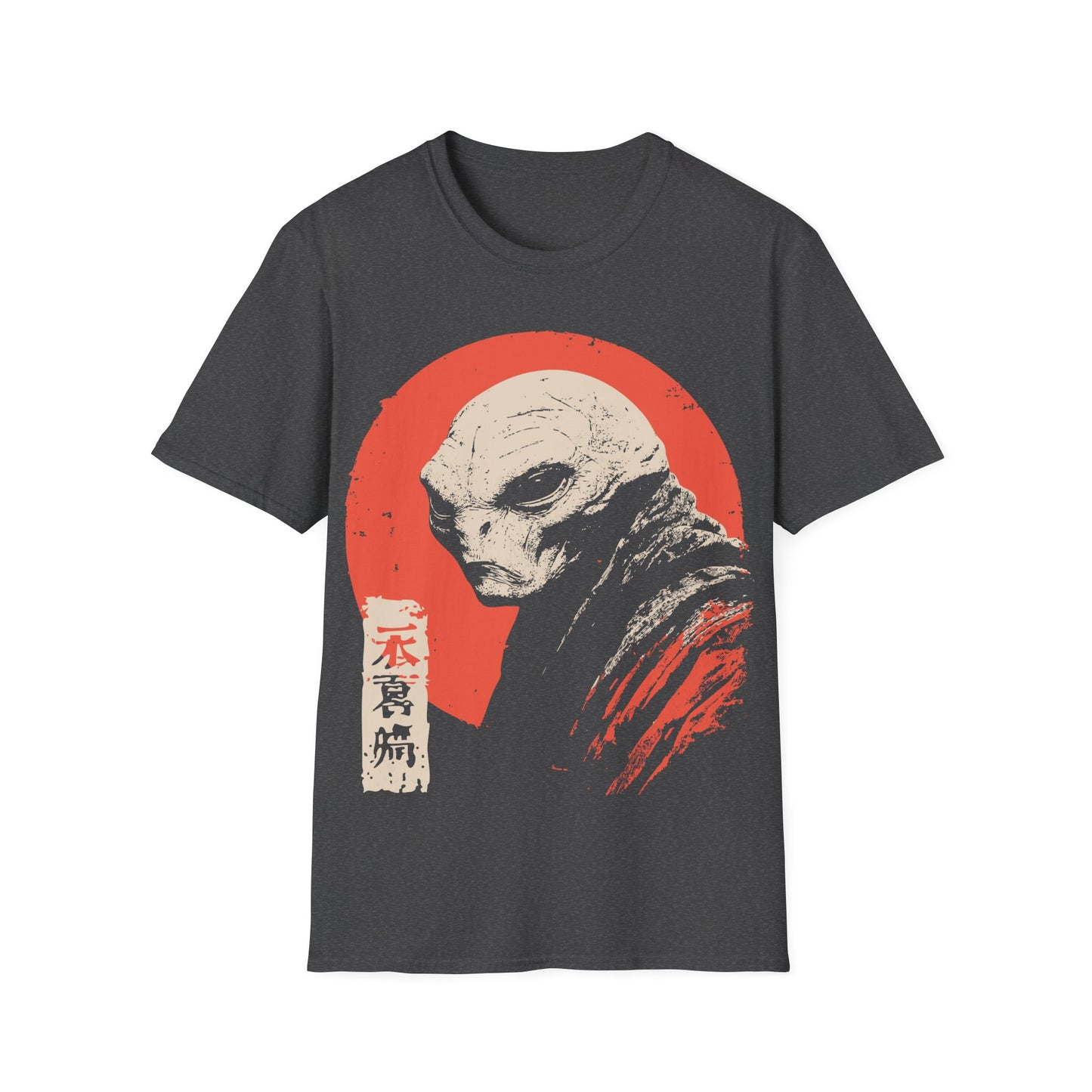 Alien Red Sun Portrait t-shirt design, featuring a pale side profile alien figure in a distressed woodblock style illustration with Japanese inspired seal details against a muted red sun on a heather grey background