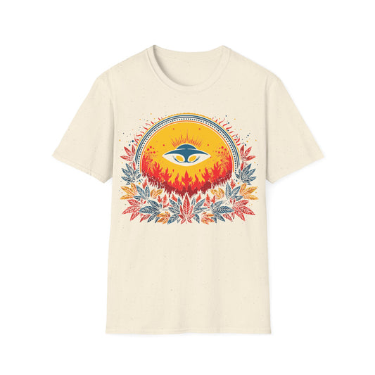 UFO Sun Fire t-shirt design, featuring a blue flying saucer silhouetted against a glowing golden sun with red flames and vibrant red, blue, and yellow foliage on a white background