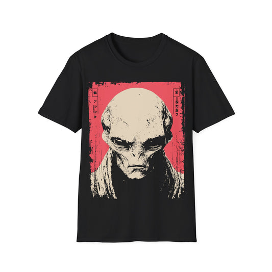 Alien Portrait Woodblock t-shirt design, featuring a detailed pale alien face in a distressed woodblock style illustration with Japanese inspired border elements on a black background