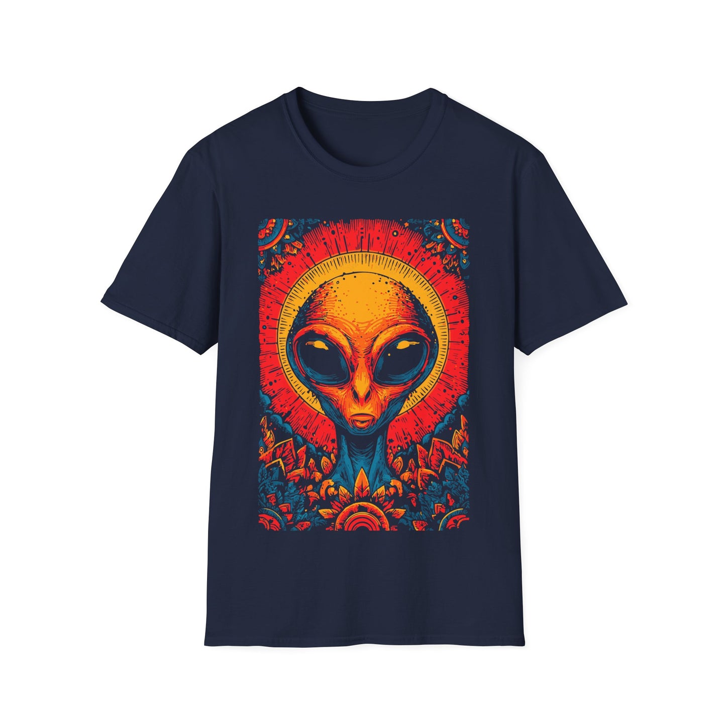 Alien Sun God Portrait t-shirt design, featuring a glowing orange alien face with halo-like sun rays and vivid blue, red, and gold ornamental patterns in a bold psychedelic illustration on a navy blue background