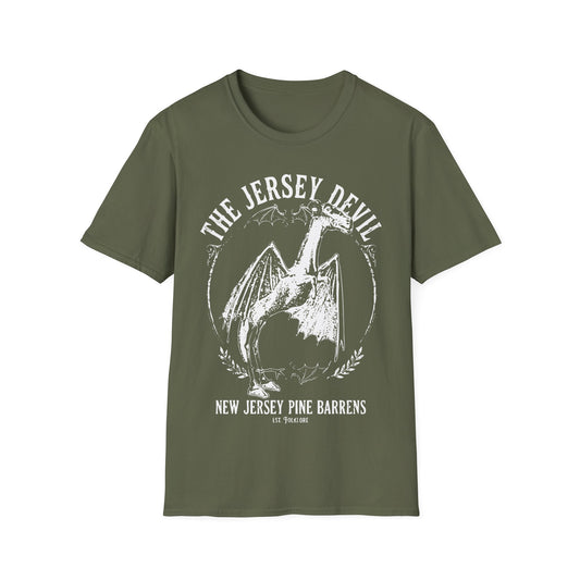 Retro Alien t-shirt design, featuring a bright green alien head with oversized eyes surrounded by dots and radiating lines in a bold vintage pop art style on a military green background