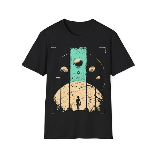 Cosmic Wanderer Wabi Sabi t-shirt design, featuring a lone alien silhouette standing before a monumental turquoise portal surrounded by planets and celestial shapes in a distressed cream Japanese-inspired illustration on a black background