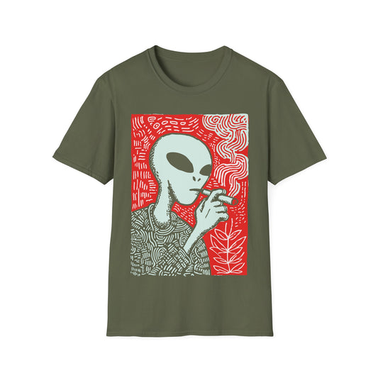 Alien smoking 420 design with cool grey alien holding a lit joint on green t-shirt