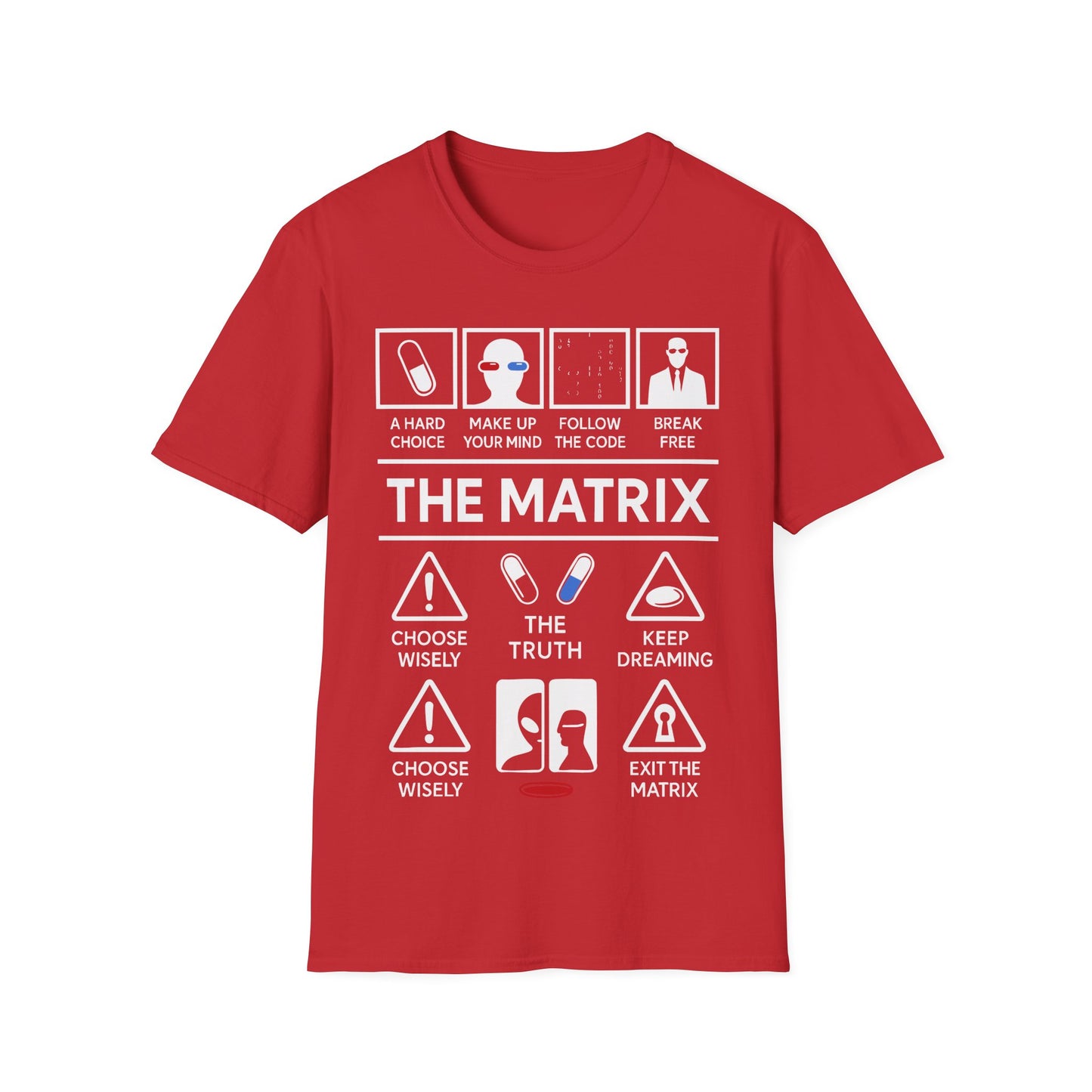 Matrix Icon Based t-shirt design, featuring bold white The Matrix lettering with red and blue pill symbols, code, suited figure, and sci-fi choice-based icon panels in a monochrome infographic style on a red background