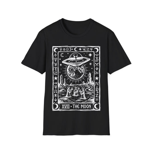 Alien Tarot t-shirt design, featuring a UFO hovering above a glowing moon and three robed aliens holding mystical symbols, framed by stars, crescent moons, and alien glyphs in a black and white tarot card style on a black background