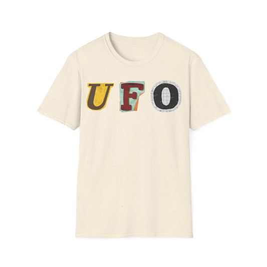UFO Letter Cuts t-shirt design, featuring the word “UFO” assembled from mismatched colorful cutout letters in a playful ransom-note collage style on a natural white background