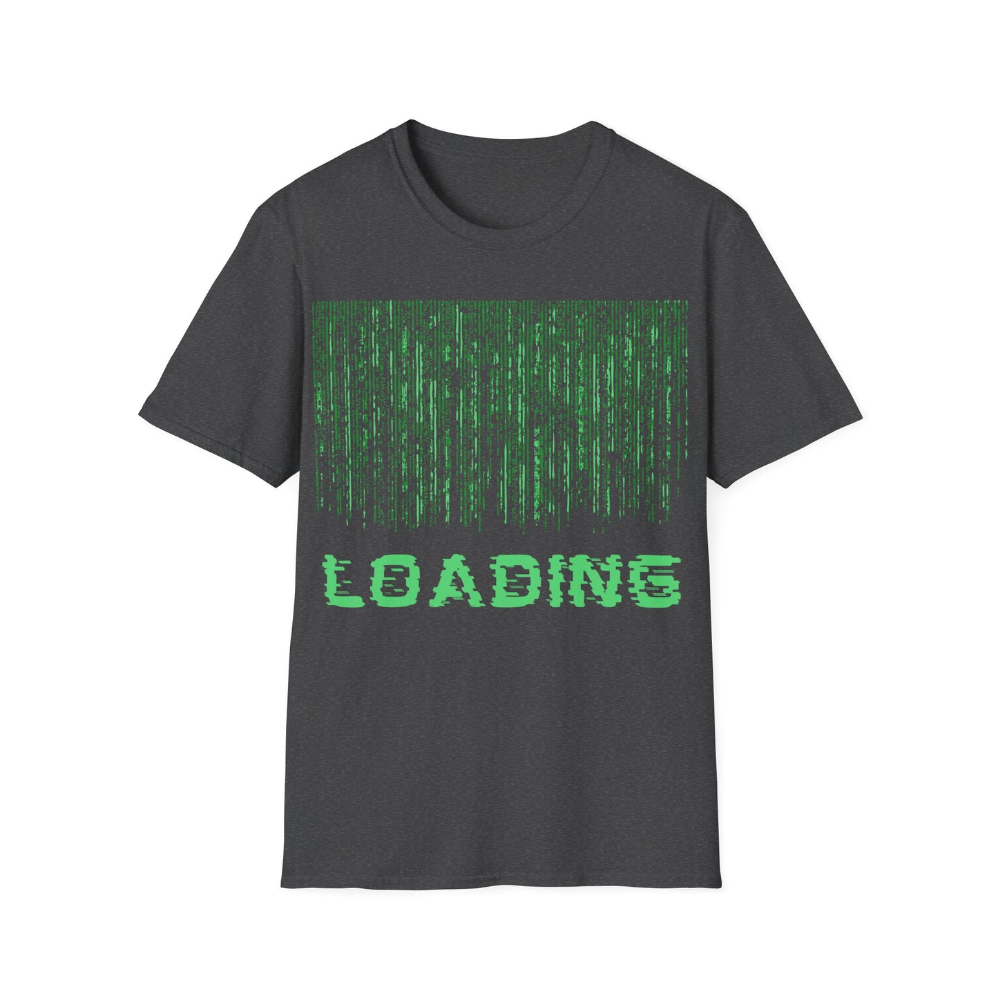 Simulation Loading t-shirt design with computer-style loading bar and simulation message in glitchy sci-fi typography on gray background