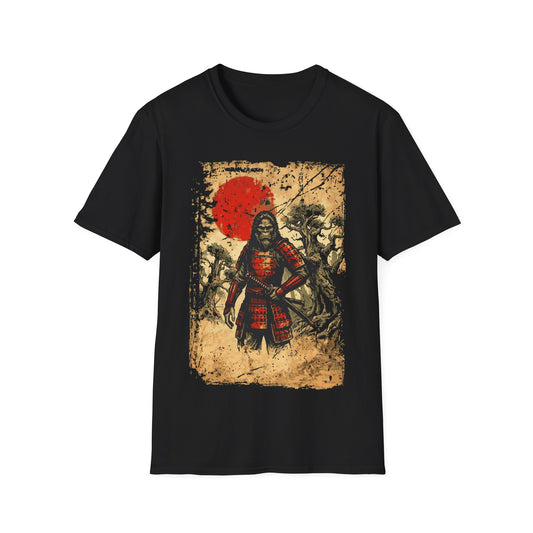 Sasquatch Samurai t-shirt design, featuring a fierce Bigfoot warrior in red samurai armor holding a katana in a haunted forest scene with a distressed parchment style background and red sun on a black background