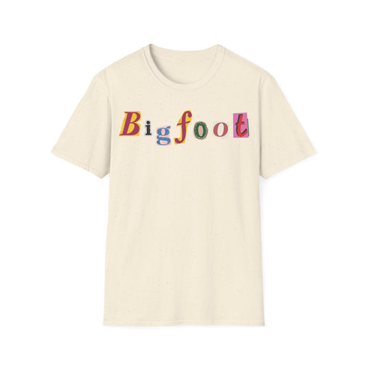 Bigfoot Letter Cuts t-shirt design, featuring the word “BIGFOOT” assembled from mismatched colorful cutout letters in a playful ransom-note collage style on a white background