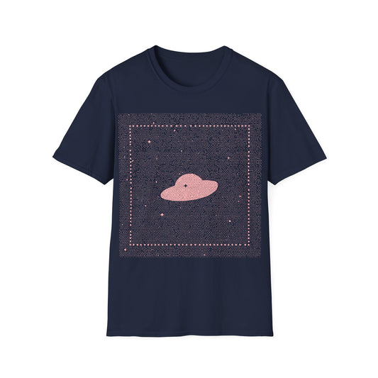 UFO Dream t-shirt design, featuring a minimalist pink flying saucer floating in a dense dotted star field, framed by a subtle square border and scattered stars in a dreamy retro cosmic style on a navy blue background