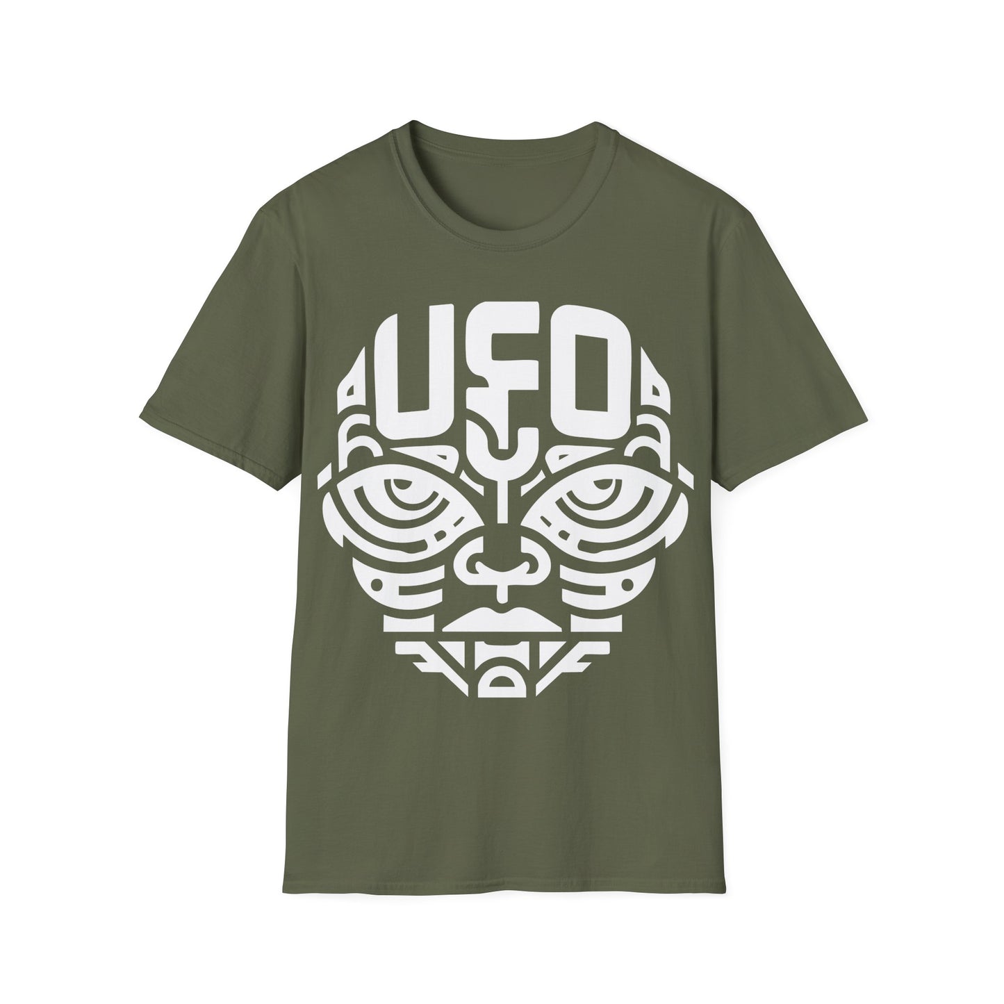 Tribal Alien with UFO Tattoo t-shirt design with tribal-style alien figure, UFO tattoo and bold line art on military green background