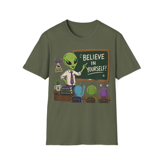 Believe in Yourself t-shirt design, featuring a cheerful green alien teacher pointing to a chalkboard while colorful alien students sit in a playful classroom scene on a military green background