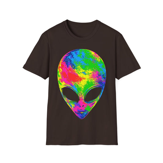 Pop Art Alien t-shirt design, featuring a large alien face filled with vivid neon pink, yellow, green, and blue colors with oversized black eyes in a bold psychedelic pop art style on a dark chocolate brown background
