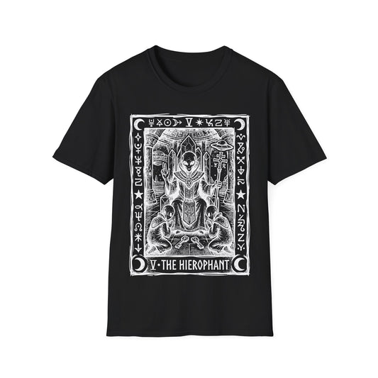 Hierophant Tarot t-shirt design, featuring a regal alien seated on a throne holding a ceremonial staff, flanked by two kneeling aliens and crystalline pillars, framed by celestial symbols and alien glyphs in a black and white tarot card style on a black blackground