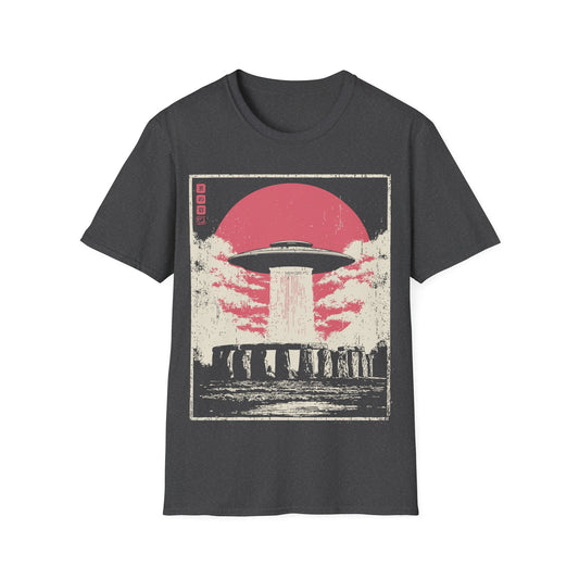 Stonehenge Signal t-shirt design, featuring a classic flying saucer casting a vertical beam over Stonehenge in a distressed retro sci-fi illustration with a muted pink sun on dark grey background