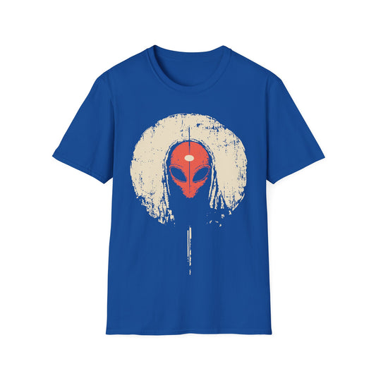 Alien Third Eye Moon t-shirt design, featuring a red alien face with a centered third eye mark framed by a distressed cream moon in a minimalist occult inspired illustration on a royal blue background