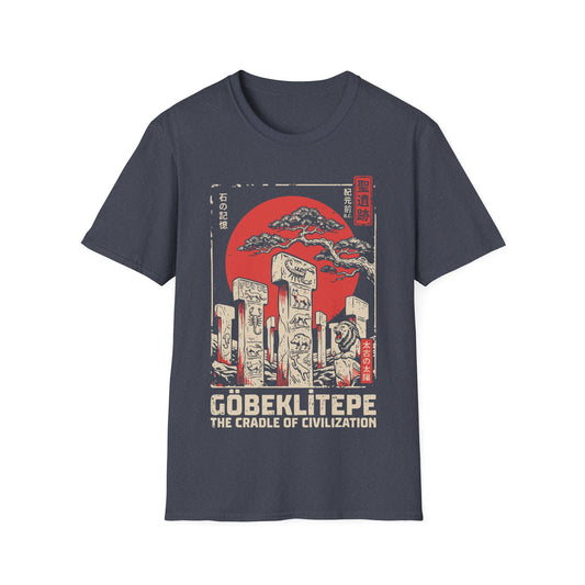 Göbeklitepe The Cradle of Civilization t-shirt design, featuring carved ancient stone pillars with animal reliefs, a roaring lion statue, and a windswept tree against a large red sun in a distressed vintage poster style on a dark grey background