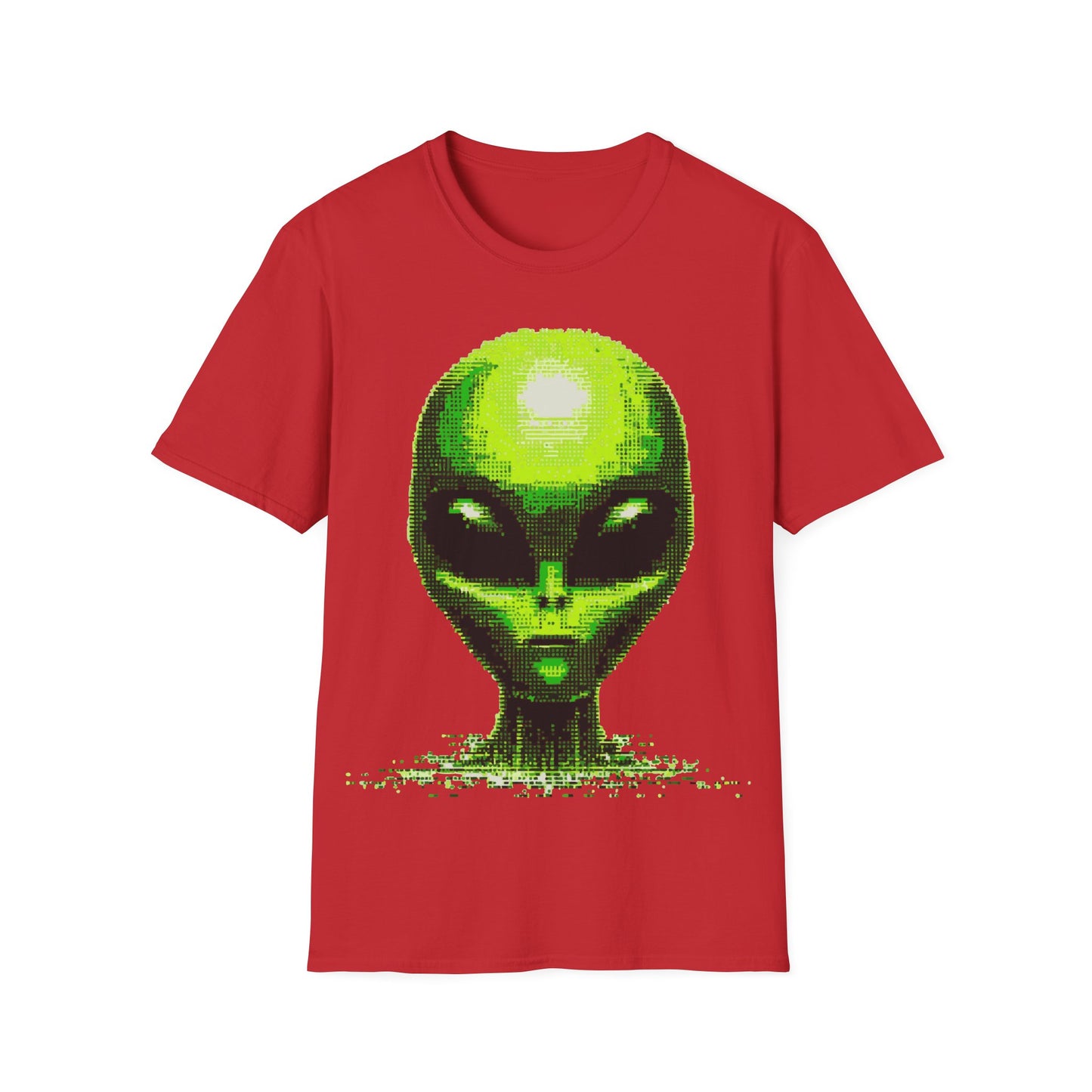 Neon green digital alien head pixel art graphic on red t-shirt