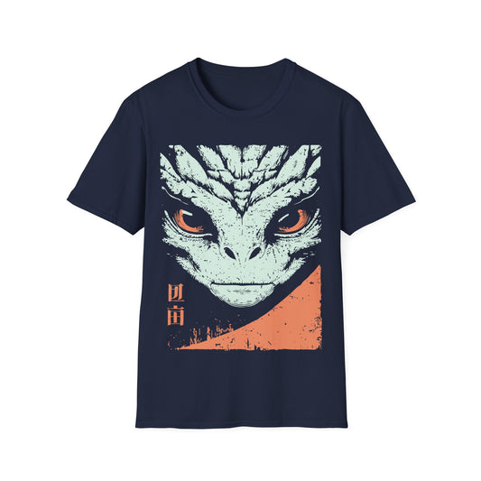 Reptilian Alien Wabi Sabi t-shirt design, featuring a fierce mint green reptilian face with glowing orange eyes, Japanese-inspired characters, and distressed peach accents on a navy blue background