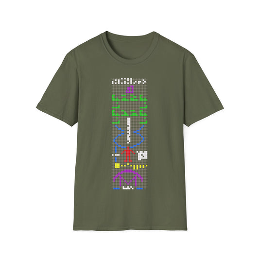 Arecibo Message t-shirt design, featuring the iconic multicolored binary transmission with DNA, human figure, solar system, and radio telescope symbols arranged in a vertical pixel grid on a military green background