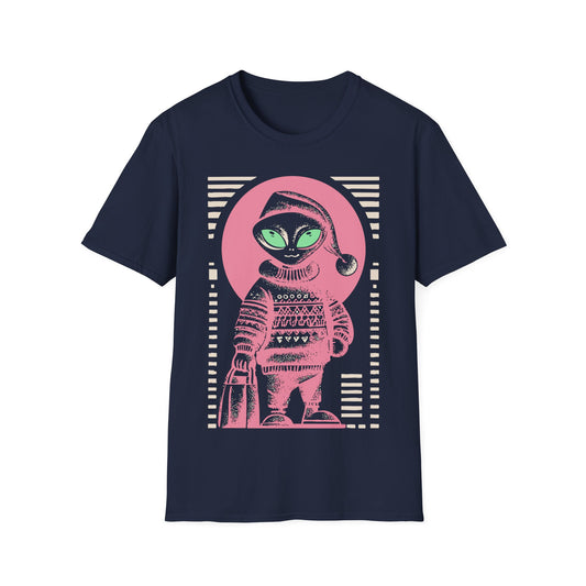 Holiday Shopper Alien t-shirt design, featuring a festive grey alien in Santa hat and patterned winter sweater carrying a shopping bag in bold illustration on a navy blue background