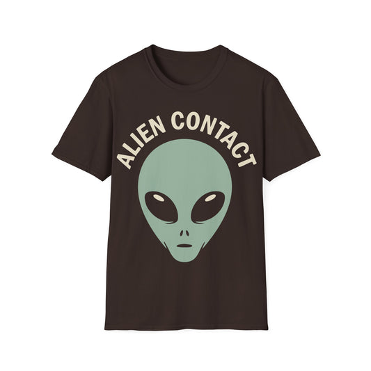 Alien Contact t-shirt design, featuring a large pale green alien head with glossy black eyes beneath curved cream “ALIEN CONTACT” lettering on a dark chocolate brown background