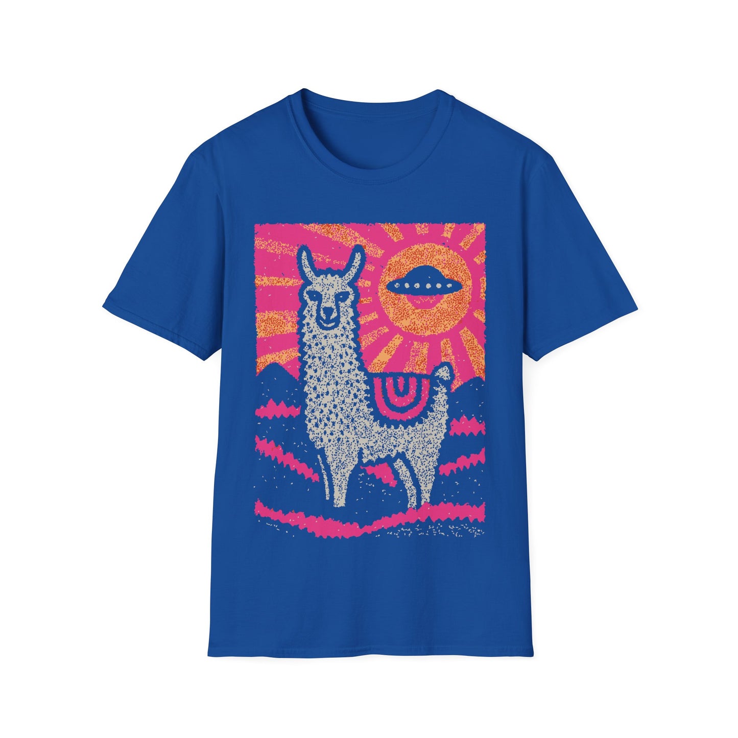 Alpaca UFO design with cute alpaca in pink pop art landscape and flying saucer sun in the sky on blue t-shirt