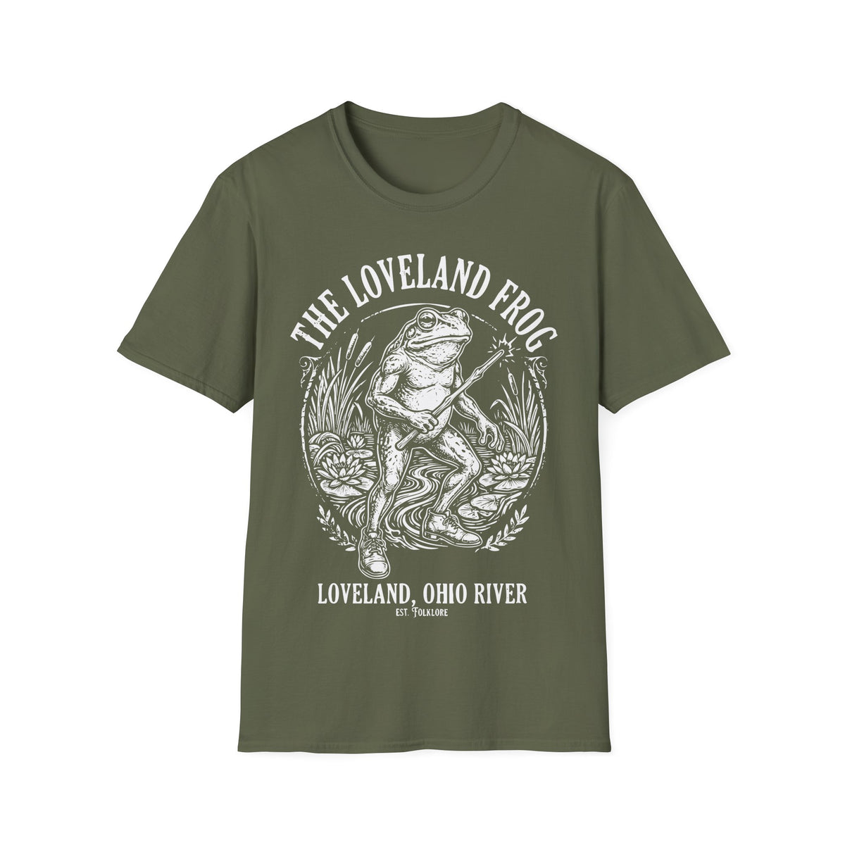 Loveland Frog t-shirt design, featuring a humanoid frog holding a glowing wand in a marsh filled with reeds and lily pads, framed by bold “The Loveland Frog” and “Loveland, Ohio River” lettering in a detailed vintage folklore illustration on a military green background