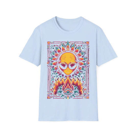 Psychedelic Alien Floral t-shirt design, featuring a glowing yellow alien head framed by vivid pink, teal, and orange floral patterns in a symmetrical psychedelic illustration on a light blue background