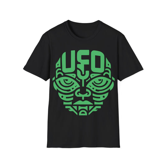 Tribal Alien with UFO Tattoo t-shirt design with tribal-style alien figure, UFO tattoo and bold line art on black background