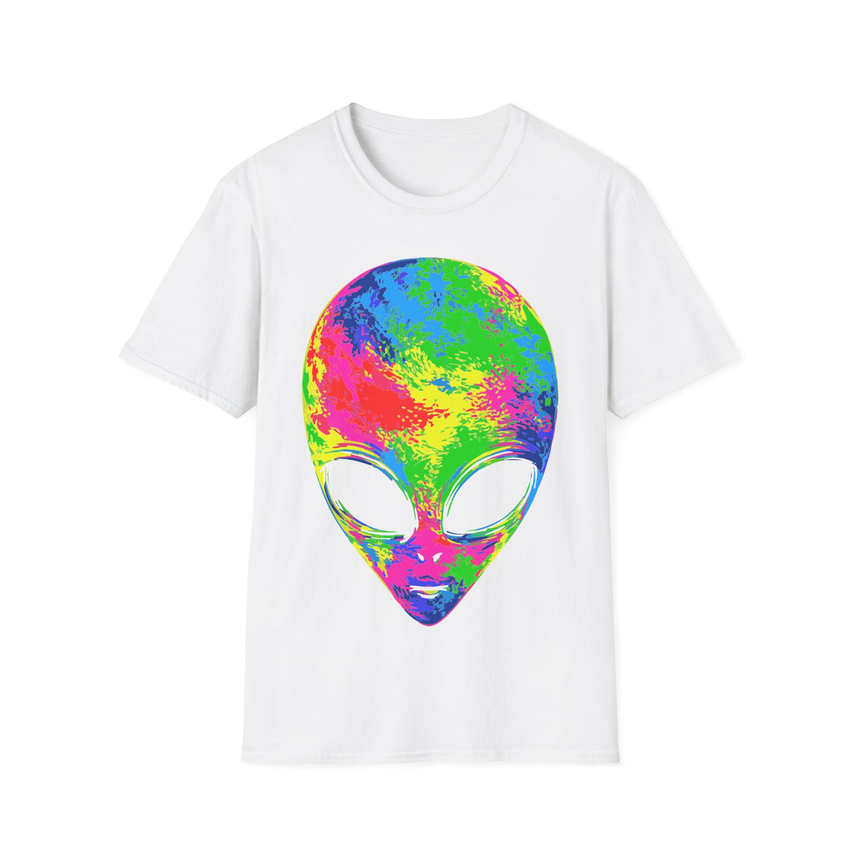 Pop Art Alien t-shirt design, featuring a large alien face filled with vivid neon pink, yellow, green, and blue colors with oversized black eyes in a bold psychedelic pop art style on a white background
